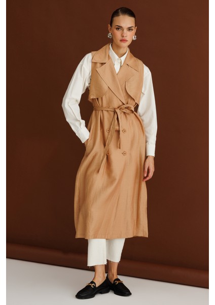 Bej Mizalle Keten Karışımlı Camel Uzun Trençkot Yelek modelleri