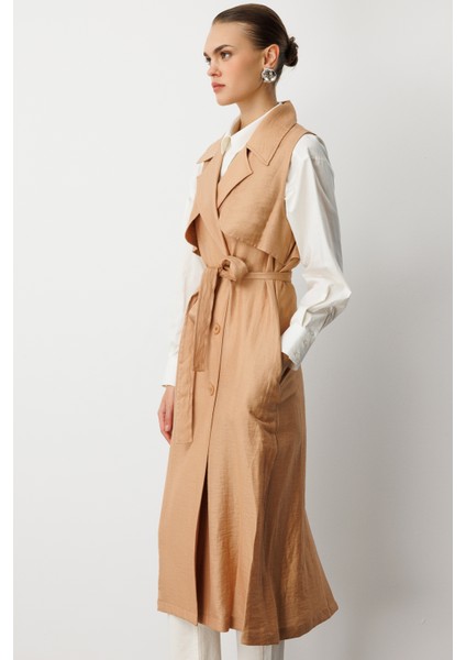 Bej Mizalle Keten Karışımlı Camel Uzun Trençkot Yelek indirimleri