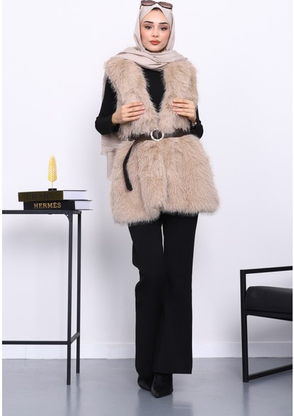 Vizon Bel Kemerli Çift Cepli Kürk Yelek fiyatları