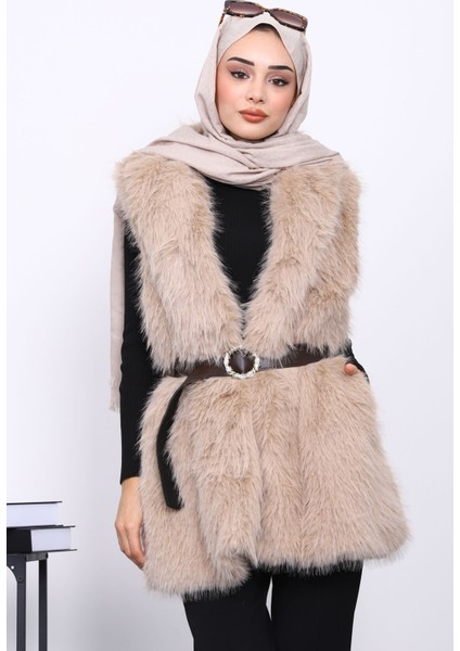 Vizon Bel Kemerli Çift Cepli Kürk Yelek modelleri