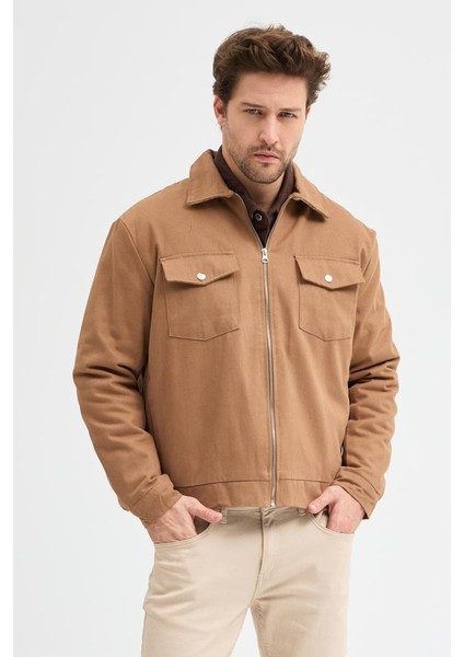 Erkek Gabardin Fermuarlı Çift Cepli Astarlı Workwear Ceket