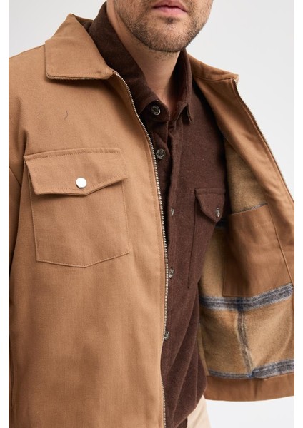 Erkek Gabardin Fermuarlı Çift Cepli Astarlı Workwear Ceket