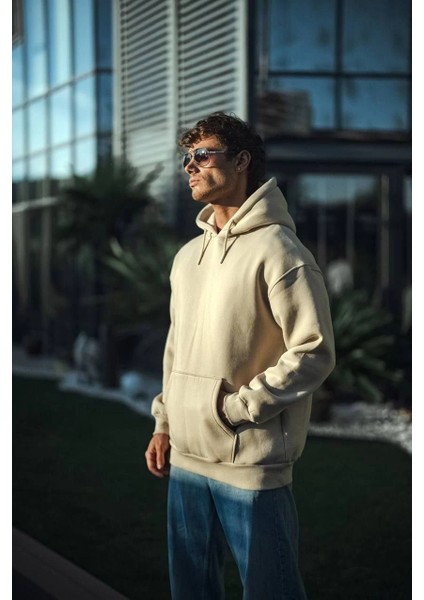 Üç Iplik Penye Kapşonlu Basic Sweatshirt - Bej -Vlmr