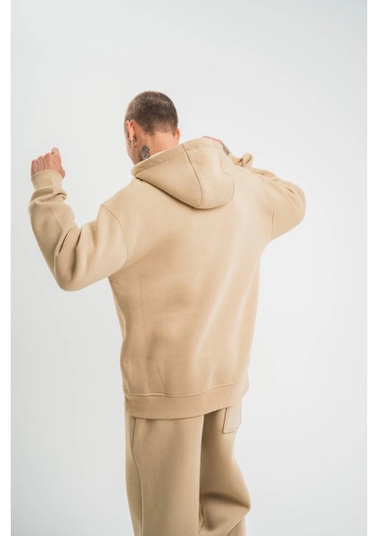Unisex Double Oversize Kapşonlu Basic Sweatshirt - Bej -Vlmr fırsatları