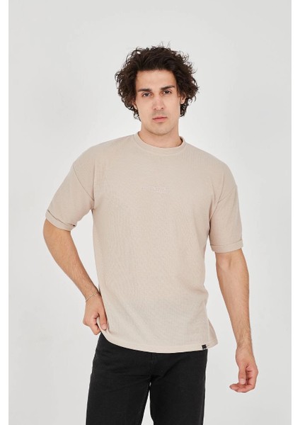 Unisex Waffle Kumaş Rahat Kol T-Shirt - Bej -Vlmr fiyatları