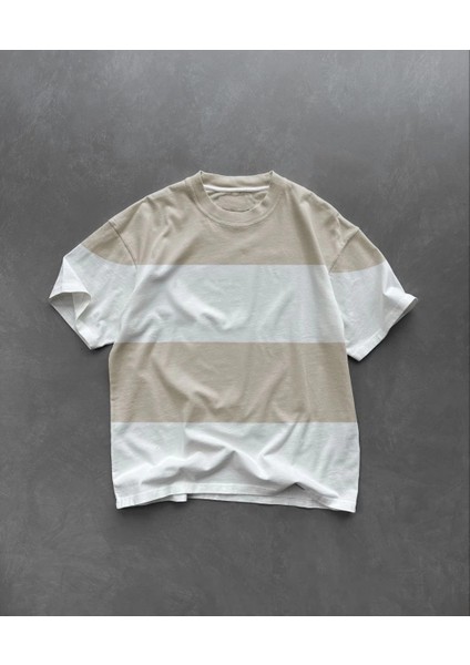 Unisex Bisiklet Yaka Parçalı T-Shirt - Bej -Vlmr