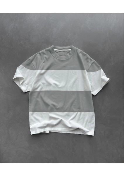 Unisex Bisiklet Yaka Parçalı T-Shirt - Gri -Vlmr