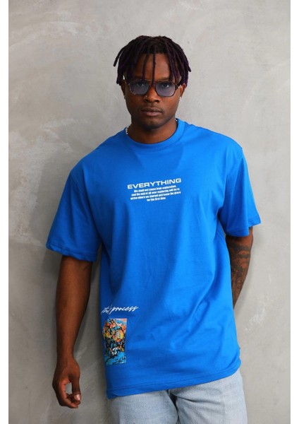 Unisex Bisiklet Yaka Baskılı Oversize T-Shirt - Mavi -Vlmr