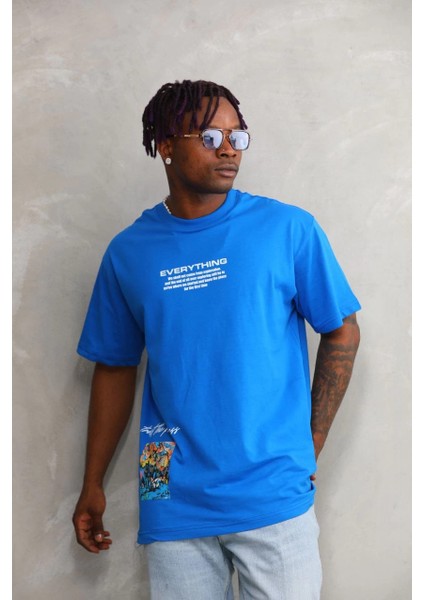Unisex Bisiklet Yaka Baskılı Oversize T-Shirt - Mavi -Vlmr modelleri