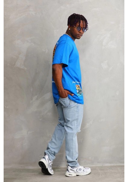 Unisex Bisiklet Yaka Baskılı Oversize T-Shirt - Mavi -Vlmr indirimleri