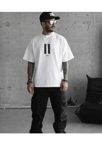 Unisex Bisiklet Yaka Baskılı Oversize T-Shirt - Beyaz -Vlmr