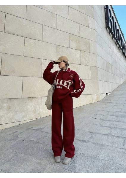 Üç Iplik Yakalı Sweat Baggy Pantalonlu Takım - Bordo -Vlmr indirimleri