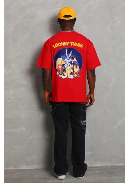 Unisex Oversize Baskılı Bisiklet Yaka T-Shirt - Kırmızı -Vlmr fırsatları