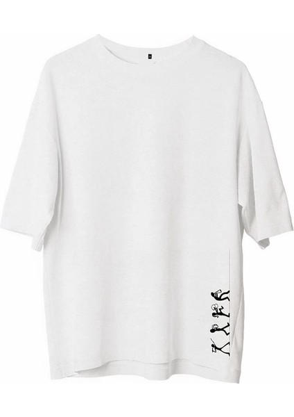 Unisex Bisiklet Yaka Baskılı Oversize T-Shirt - Beyaz -Vlmr