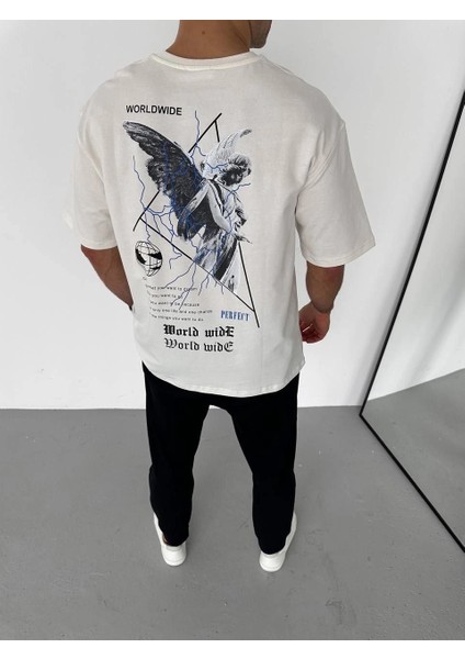 Unisex Bisiklet Yaka Baskılı Oversize T-Shirt - Beyaz -Vlmr modelleri