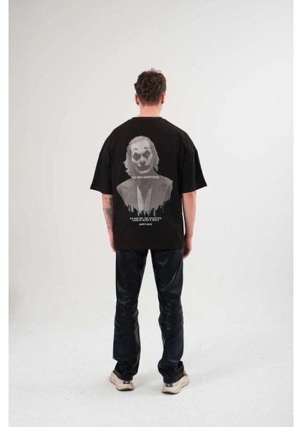 Unisex Bisiklet Yaka Baskılı Oversize T-Shirt - Siyah -Vlmr modelleri