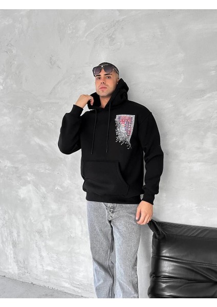 Uzun Kol Kapüşonlu Ön ve Arka Baskılı Sweatshirt - Siyah -Vlmr