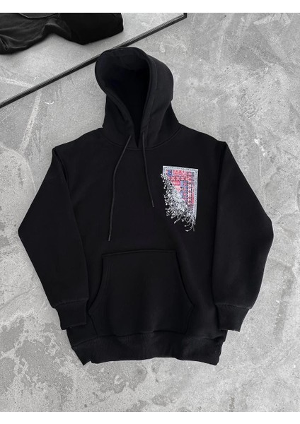 Uzun Kol Kapüşonlu Ön ve Arka Baskılı Sweatshirt - Siyah -Vlmr modelleri