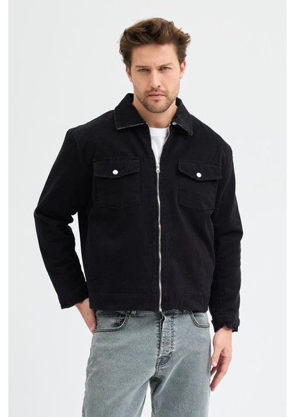 Erkek Gabardin Fermuarlı Çift Cepli Astarlı Workwear Ceket