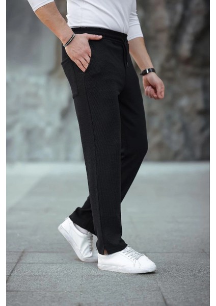 Erkek Paça Yırtmaçlı Burgu Selanik Dokulu Jogger Buggy Pantalon Rahat Kalıp - Siyah