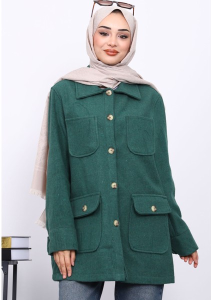Yeşil Cepli Düğmeli Kaşe Ceket modelleri
