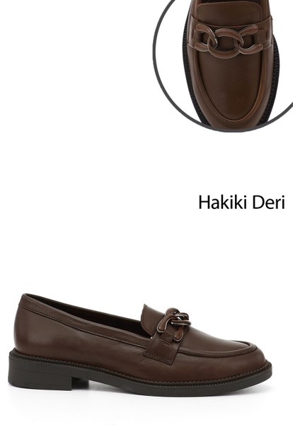 Kadın Kahve Antik Tokalı Hakiki Deri Loafer Ayakkabı