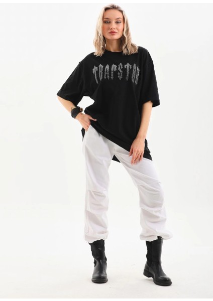 Unisex Taş Desenli Oversize T-Shirt - Siyah -Vlmr indirimleri