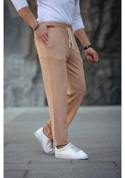 Erkek Paça Yırtmaçlı Burgu Selanik Dokulu Jogger Buggy Pantalon Rahat Kalıp - Kahverengi