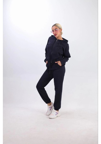 Iki Iplik Kapüşonlu Fermuarlı Crop Oversize Hırka Takım- Lacivert -Vlmr