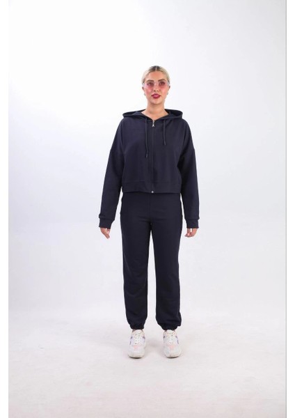 Iki Iplik Kapüşonlu Fermuarlı Crop Oversize Hırka Takım- Lacivert -Vlmr fiyatları