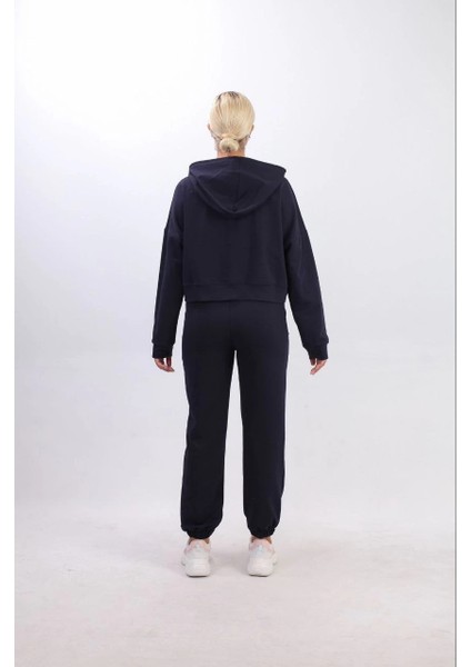 Iki Iplik Kapüşonlu Fermuarlı Crop Oversize Hırka Takım- Lacivert -Vlmr fırsatları