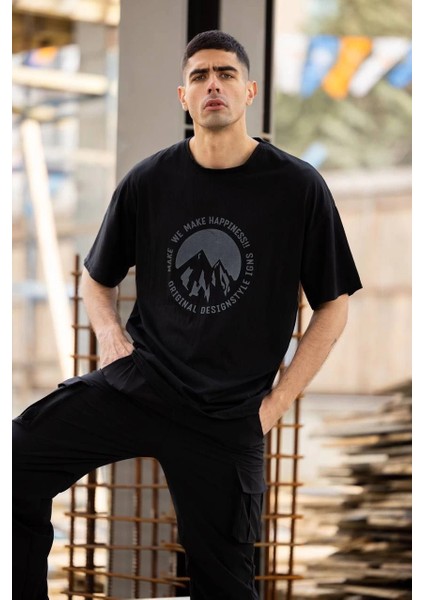 Unisex Bisiklet Yaka Baskılı Oversize T-Shirt - Siyah -Vlmr