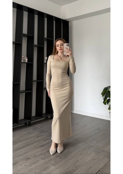 Kare Yaka Uzun Kollu Bodycon Fitilli Kaşkorse Midi/maxi Elbise - Bej