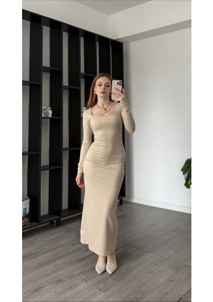 Kare Yaka Uzun Kollu Bodycon Fitilli Kaşkorse Midi/maxi Elbise - Bej fiyatları