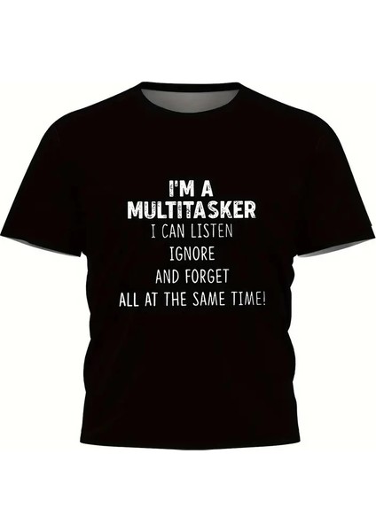 Komik 'multitasker' Baskılı Tişört, Günlük Kısa Kollu Oversize Tişört,- Siyah -Vlmr modelleri