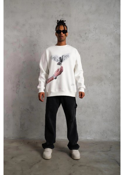 Erkek Güvercin Baskılı Sweatshirt - Beyaz -Vlmr modelleri