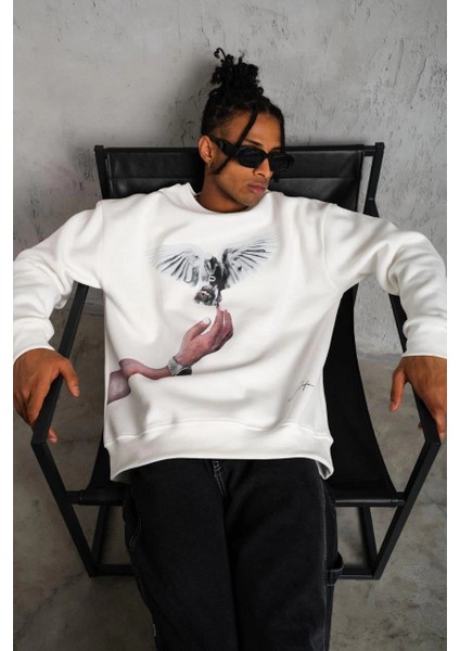 Erkek Güvercin Baskılı Sweatshirt - Beyaz -Vlmr indirimleri