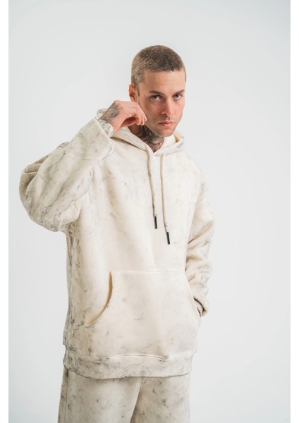 Unisex Double Oversize Kapşonlu Yıkamalı Sweatshirt - Krem -Vlmr