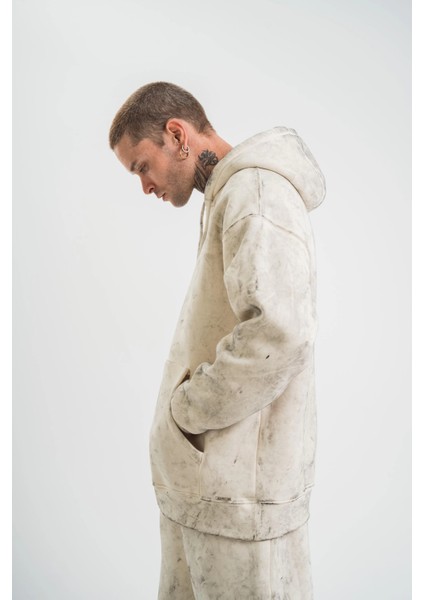 Unisex Double Oversize Kapşonlu Yıkamalı Sweatshirt - Krem -Vlmr modelleri