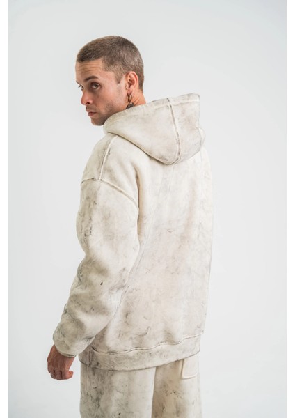 Unisex Double Oversize Kapşonlu Yıkamalı Sweatshirt - Krem -Vlmr fırsatları