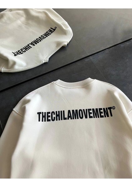 Kışlık Bisiklet Yaka Oversize Baskılı Sweatshirt - Beyaz -Vlmr