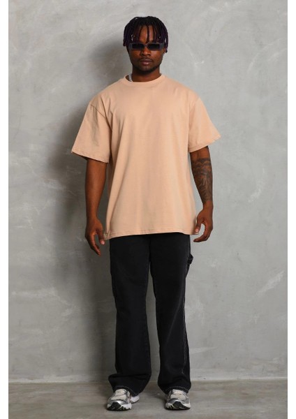 Unisex Oversize Düz Bisiklet Yaka T-Shirt - Bej -Vlmr