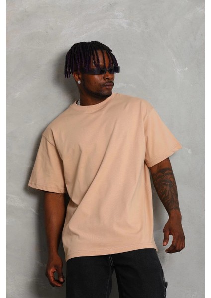 Unisex Oversize Düz Bisiklet Yaka T-Shirt - Bej -Vlmr fırsatları