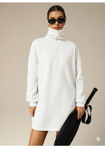 3 Iplik Şardonlu Beyaz Oversize Fermuarlı Tunik Sweatshirt - Günlük Spor Elbise