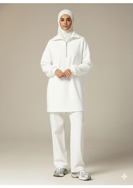 3 Iplik Şardonlu Beyaz Oversize Fermuarlı Tunik Sweatshirt - Günlük Spor Elbise fiyatları