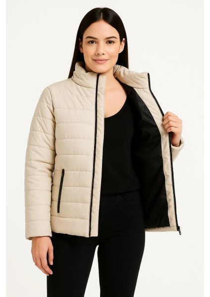 Kadın Bomber Mont Ceket - Su Itici Kumaş, Kapitone Astarlı, Fermuarlı, Kışlık - Bej -Vlmr