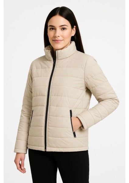 Kadın Bomber Mont Ceket - Su Itici Kumaş, Kapitone Astarlı, Fermuarlı, Kışlık - Bej -Vlmr fırsatları