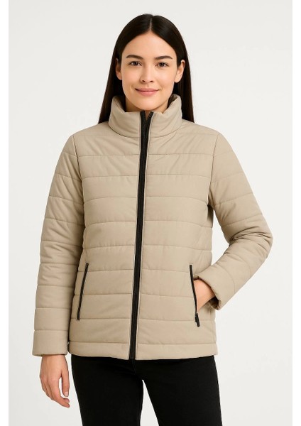 Kadın Bomber Mont Ceket - Su Itici Kumaş, Kapitone Astarlı, Fermuarlı, Kışlık - Bej -Vlmr indirimleri