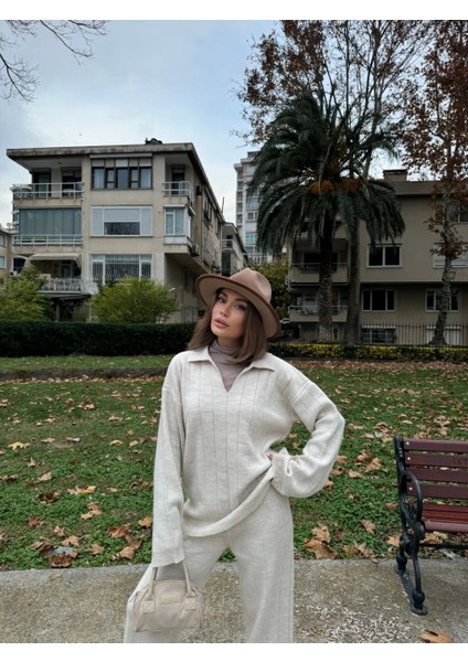 Yakalı Cizgi Detaylı Triko Ikili Takım - Beyaz -Vlmr fırsatları