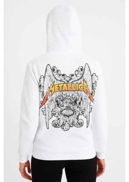 Metallica Iki Iplik Kapüşonlu Ön ve Arka Baskılı Hoodie - Beyaz -Vlmr modelleri